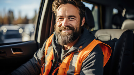 Portrait of smiling truck driver sitting in car in the driver's seat. Happy adult man, driver profession. 