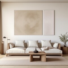 Minimalist interior design of modern living room with beige textile sofa and posters