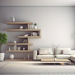 Minimalist interior design of modern living room with shelving unit.