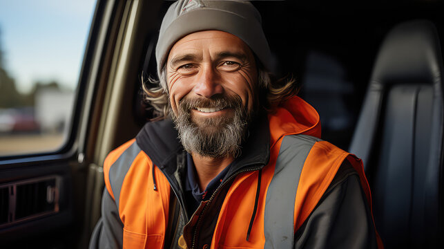 Portrait of smiling truck driver sitting in car in the driver's seat. Happy adult man, driver profession. 