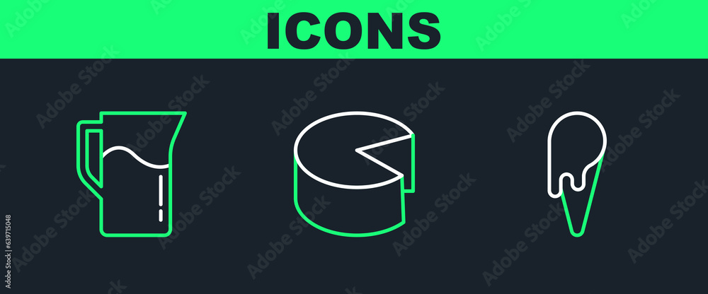 Sticker Set line Ice cream in waffle cone, Milk jug or pitcher and Cheese icon. Vector