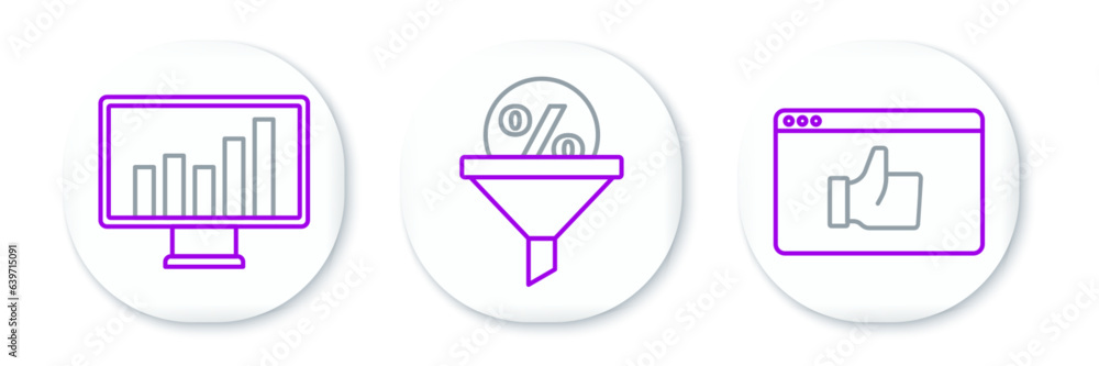 Poster set line customer product rating, monitor with graph chart and lead management icon. vector