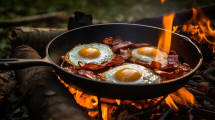 Photo of a delicious campfire breakfast with sizzling eggs and crispy bacon in a rustic skillet