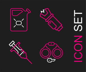 Set line Handcuffs, Syringe, Police electric shocker and Canister fuel icon. Vector