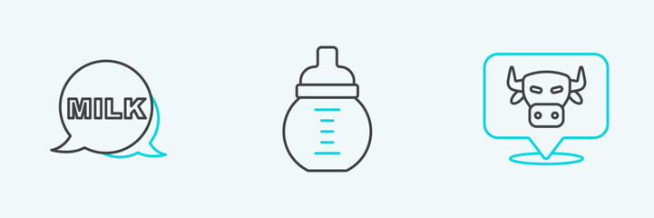 Set line Cow head, Lettering milk and Baby bottle icon. Vector