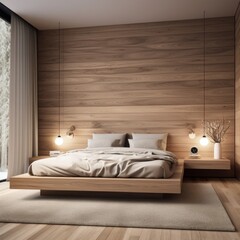 Minimalist scandinavian interior design of modern bedroom with wooden paneling
