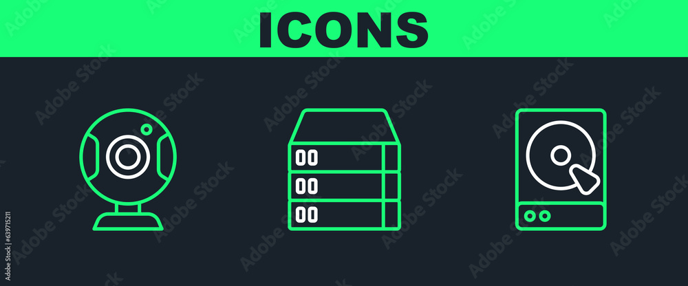 Poster set line hard disk drive hdd, web camera and server, data, hosting icon. vector