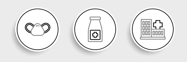 Set line Hospital building, Medical protective mask and Medicine bottle and pills icon. Vector