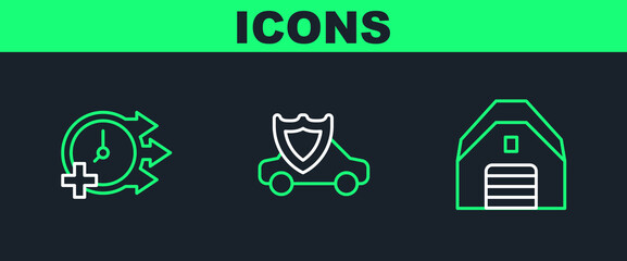 Set line Garage, Clock and Car with shield icon. Vector