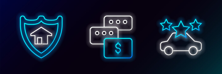 Set line Car sharing, House with shield and Price negotiation icon. Glowing neon. Vector
