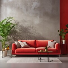 Modern interior design of apartment, living room with red sofa over the stucco wall. Home interior with plant