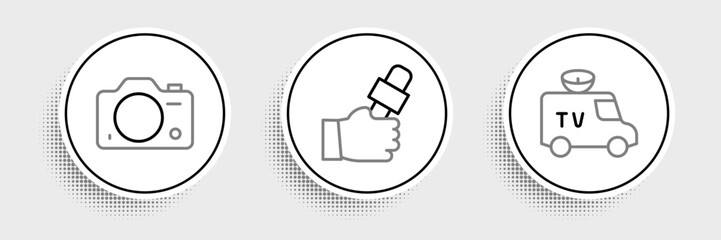 Set line TV News car, Photo camera and Journalist news icon. Vector