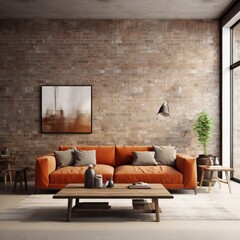 Modern interior design of apartment, living room with terracota sofa over the brick wall. Home interior