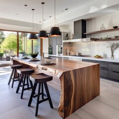 Modern interior design of kitchen with solid wood island and rustic stools near it