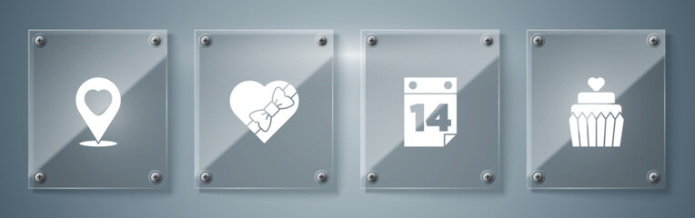 Set Wedding cake with heart, Calendar February 14, Candy shaped box and Location. Square glass panels. Vector