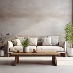 Modern interior design of living room with beige sofa and wooden coffee table over the concrete wall. Home interior background with copy space