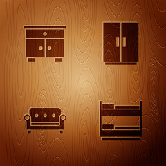 Set Bunk bed, Furniture nightstand, Sofa and Wardrobe on wooden background. Vector