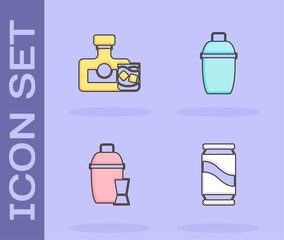 Set Beer can, Whiskey bottle and glass, Cocktail shaker and icon. Vector