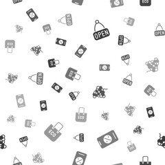 Set Hanging sign with Open, Percent discount and mobile, Grape fruit and Shopping bag recycle on seamless pattern. Vector