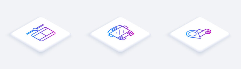 Set Isometric line Cable car, Bus and Location with taxi. White square button. Vector