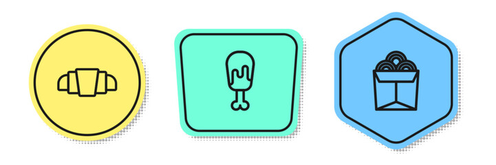 Set line Croissant, Chicken leg and Noodles in box. Colored shapes. Vector