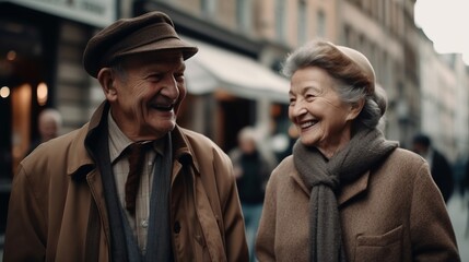 Old couple walking. Created with Generative AI technology.