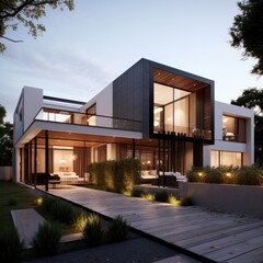 Fototapeta na wymiar Modern minimalist private houses. Residential architecture exterior.