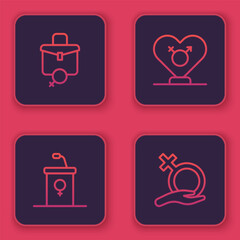 Set line Work for female, Debate podium rostrum, Gender and Female gender. Blue square button. Vector