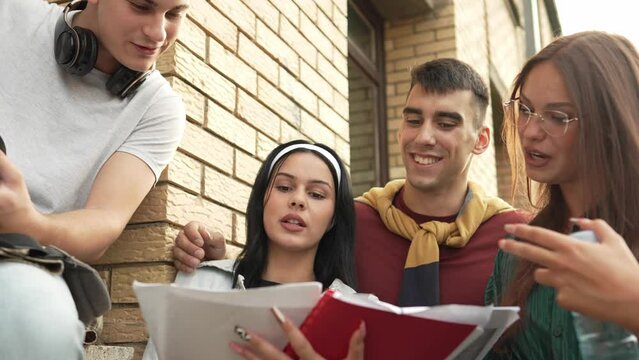 group of teenage students gen z in front of school university study