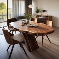 Fototapeta premium Natural wooden slab round dining table and chairs near it. Interior design of modern living or dining room