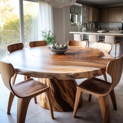 Natural wooden slab round dining table and chairs near it. Interior design of modern living or dining room
