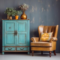 Old antique chair near turquoise wood retro cabinet with decorative vases. Vintage classic home interior design of living room.