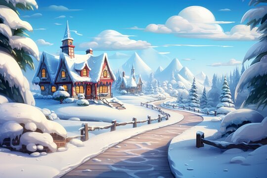Winter in the village, holiday season postcard style illustration. Merry christmas and happy new year concept