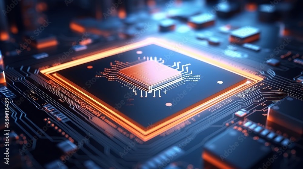 Poster processor power: close-up view of a central processing unit (cpu) glowing with orange light on a cir