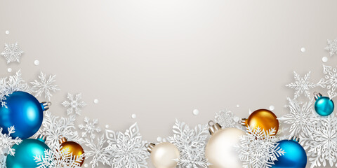 Christmas illustration with beautiful complex white paper snowflakes and colored balls on light background