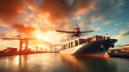 Global Logistics at Sunset: Cargo plane and container ship at harbor during sunset. Dramatic sky and industrial port setting.  