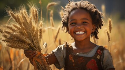 Happy African child in a wheat field. Grain deal concept. Hunger and food security of the world. - obrazy, fototapety, plakaty