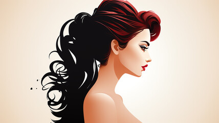 Fototapeta na wymiar Barbershop logo, hair salon, girl with luxurious hair, cosmetology and hair health concept