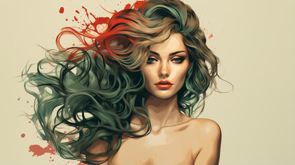 Barbershop logo, hair salon, girl with luxurious hair, cosmetology and hair health concept