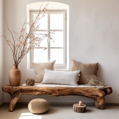 Rustic aged wood tree trunk bench with pillows near stucco wall with dried twig decor. Boho interior design of modern living room with window in farmhouse