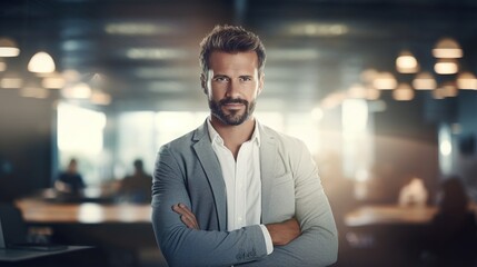 Fototapeta premium Confident Businessman Portrait: A charismatic man with arms crossed, exuding confidence and professionalism in a modern office setting. The image captures ambition and leadership. 