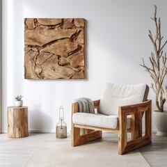 Rustic armchair made from natural solid wood. Interior design of modern living room with wooden abstract panel on white wall