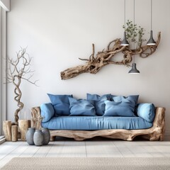 Rustic blue sofa near white wall with decorative wood tree root frame. Interior design of modern living room
