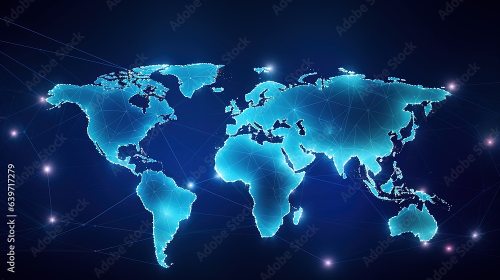 Poster global network: a glowing world map on a blue background, with a web of connections symbolizing the 