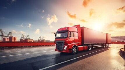 Red Semi-Truck at Sunset: A striking red semi-truck traverses a bustling port, bathed in the golden hues of a setting sun.