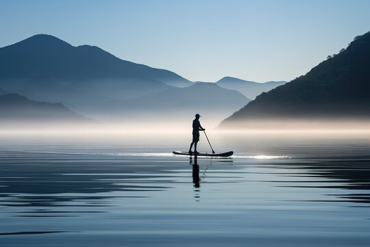 Silhouette of man on SUP board on lake
