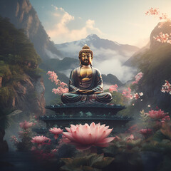 Buddha statue near mountains and flowers. AI generation..