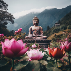 Buddha statue near mountains and flowers. AI generation..