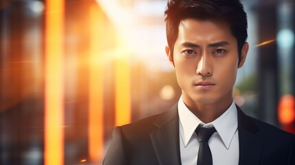 Portrait of a young Asian businessman standing with his arms crossed on bokeh lighting background