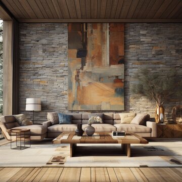 Rustic interior design of modern living room with tiled stone wall and abstract wall decor